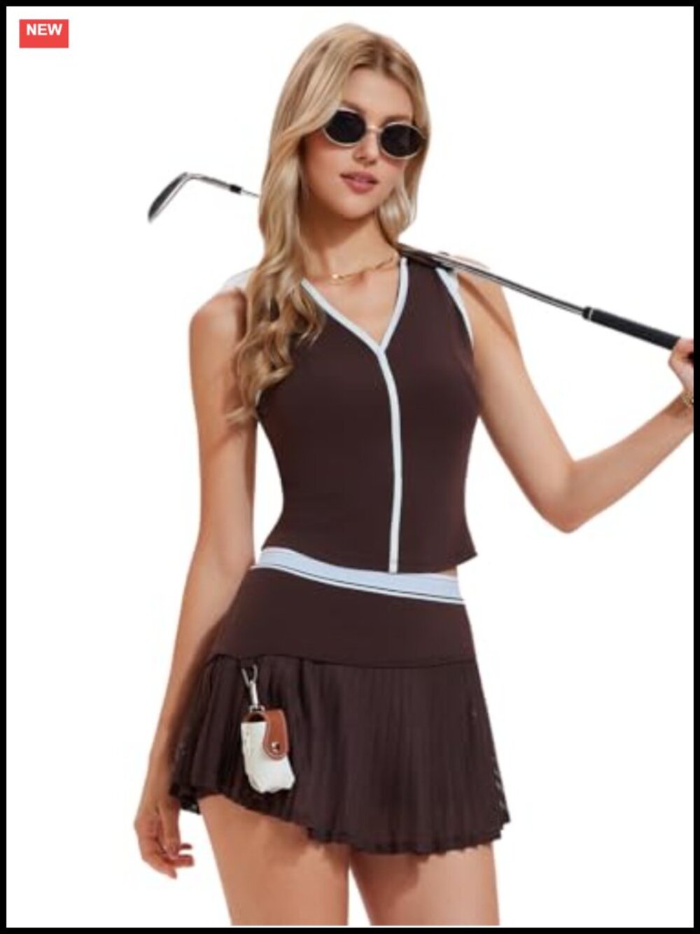 2 Piece Tennis Skirt Set V Neck Collared Tank Built in Bra Pleated Mesh Skort